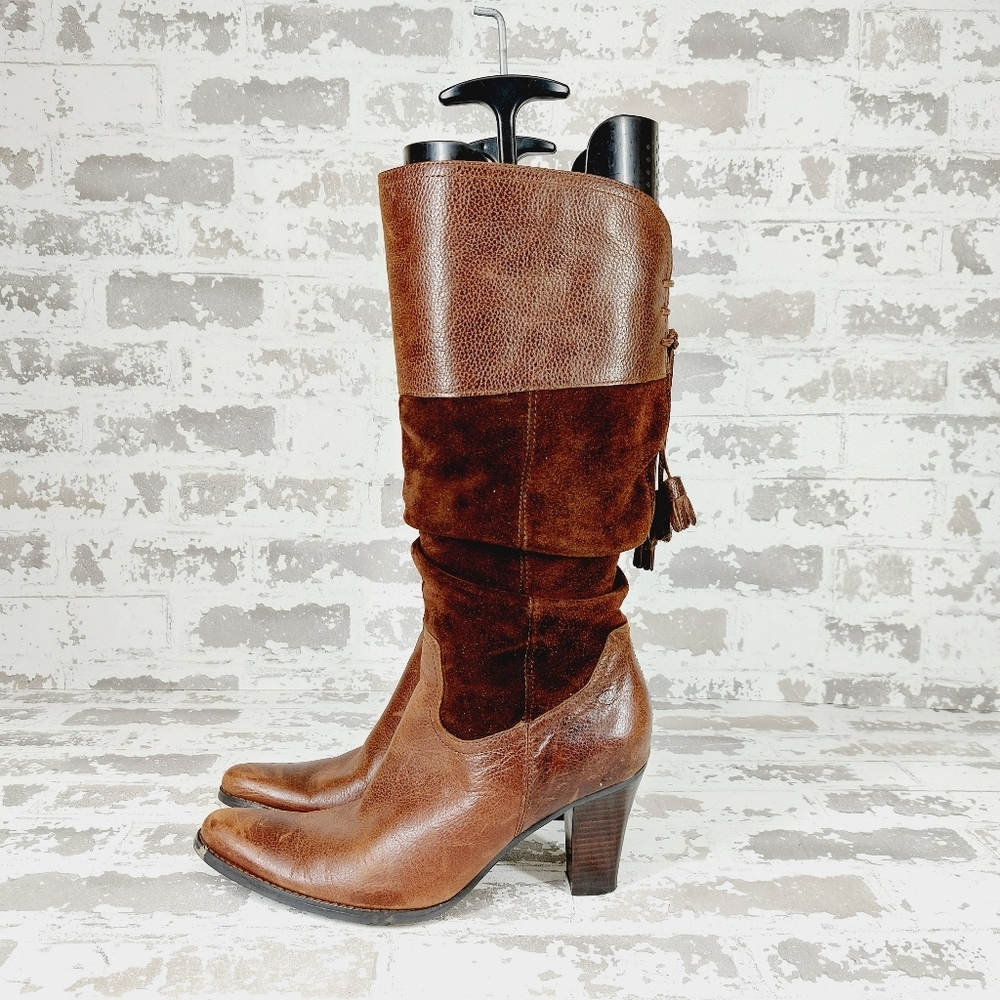 A.N.A. Brown Leather/Suede Pointed Toe Side Zip Back Lace Up Heeled Boots T492